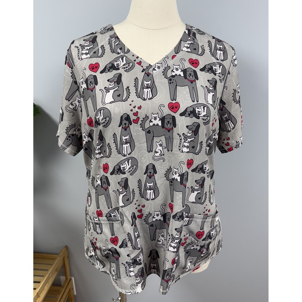 Skechers Scrub Top 2X Dogs And Cats Gray Scrubs Uniform Vet Tech RN CNA Dog Cat